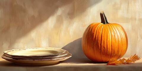 Poster - a complete pumpkin set against a backdrop of beige plates and a beige background featuring shadows