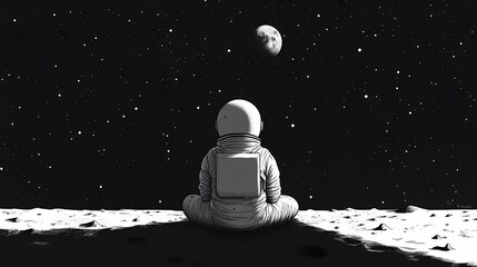 An astronaut gazes at Earth from the moon in a serene black and white scene.