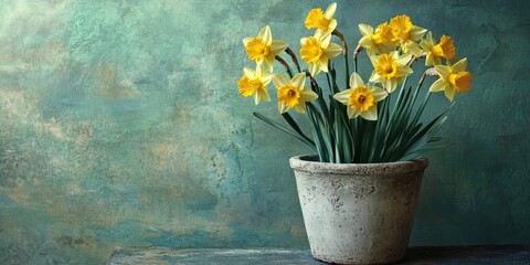 Aufkleber - blooming daffodils in a cement flower pot