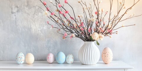 Aufkleber - Easter arrangement of dry twigs, flowers, and glass Easter eggs in a white ceramic vase on a white dresser.
