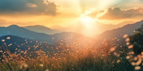Poster - Panoramic view of a sunset behind mountains on a tropical grassland. Artistic transparent wild grass in full bloom. Abstract design with shadows and sun rays, featuring lens flare.