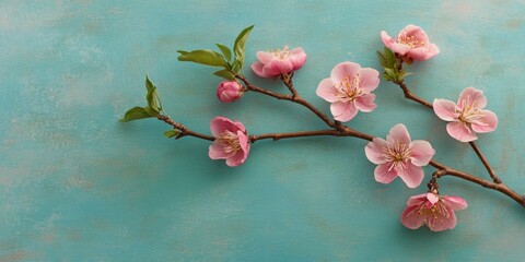 Sticker - Peach blossoms on a pastel blue background. Flowering fruit.