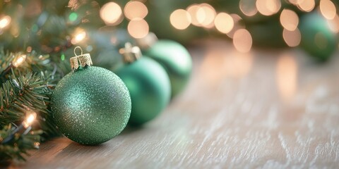 Poster - Green Christmas tree ornaments on a light wooden surface. Blurred lights from a garland. Getting ready for the New Year. Christmas backdrop with copyspace.