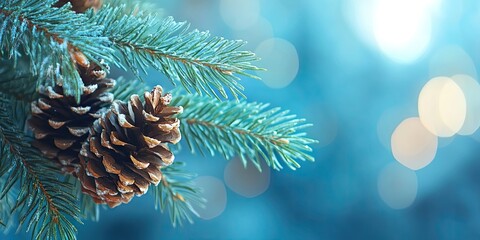 Aufkleber - Christmas festive backdrop featuring copyspace. Cones on a fir tree branch. New Year poster for design purposes.