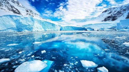 Breathtaking winter landscape featuring majestic blue polar ice formations reflecting in crystal clear water under a bright sky, capturing the serene beauty of arctic nature in an icy wonderland.