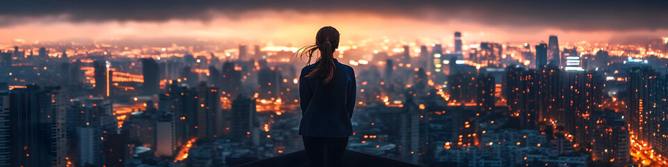 Canvas Print - A woman stands on a rooftop looking out over a city. The city is lit up at night, creating a moody atmosphere. The woman is lost in thought