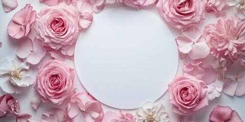 Aufkleber - Pink roses and flowers arranged in a round frame with a white circle for text on a white background.