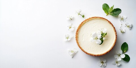Aufkleber - Homemade vanilla cheesecake featuring a vanilla flower on a white background - a healthy organic summer dessert pie. New York cheesecake. Top view, copyspace for text. Menu, recipe, confectionery.