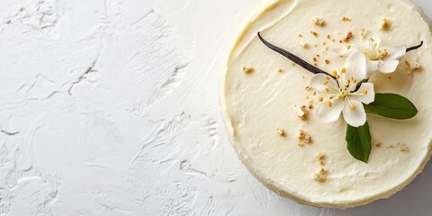 Aufkleber - Homemade vanilla cheesecake featuring a vanilla flower on a white background - a healthy organic summer dessert pie. New York cheesecake. Top view, copyspace for text. Menu, recipe, confectionery.