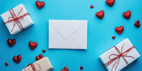 Aufkleber - Blue backdrop, flat lay for Valentine's Day celebration, copyspace for text, holiday gifts arrangement, envelope and red hearts, blank white paper. Theme of love, romance, and close relationships.