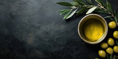Aufkleber - Olive oil in a bowl alongside olives from a top view, with copy space.