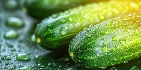 Poster - Water droplets on a ripe cucumber. Fresh vegetable background with copyspace for your text. Concept for vegan and vegetarian diets.