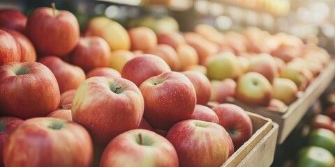 Poster - Farm organic apples. Natural vitamins available in a retail grocery store. Selective focus with copy space for text.