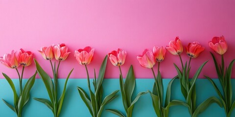 Leinwandbilder - Hello spring concept. Minimalist style, flat lay. Pink flowers on a colored backdrop. Horizontal. Copyspace.