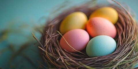 Aufkleber - Easter nest with colorful tiny eggs. Close-up of dyed eggs. Adorable Easter symbol. Simple minimalist design. Easter celebration.