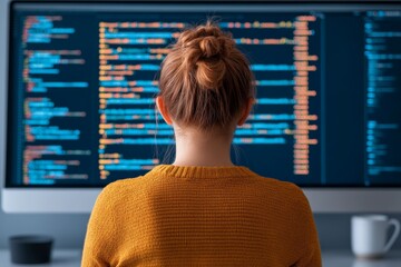 A young female coder with curly hair and glasses, working in front of computer monitors with code on the screens.