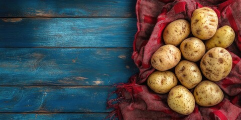 Aufkleber - Fresh potatoes on a red worn cloth against a blue wooden background, top view.