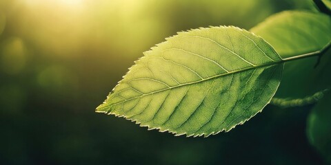 Aufkleber - Close-up macro view of a green leaf in the garden under sunlight, featuring copy space for use as a natural concept or wallpaper.