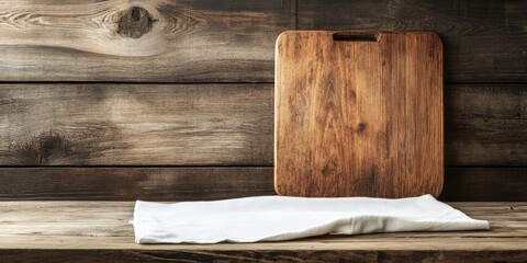 Aufkleber - Vacant wooden table featuring a cutting board and a white napkin set against a wooden backdrop.