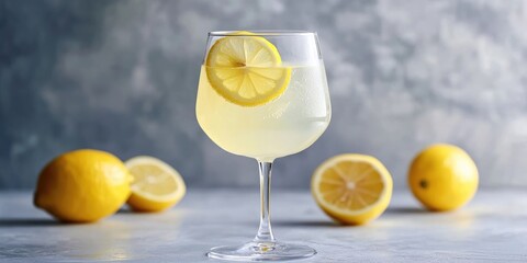 Aufkleber - Lemonade served in a wineglass, topped with a slice of fresh lemon, set against a grey background with highlights.