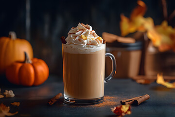 Poster - Autumn pumpkin spice latte with whipped cream and cinnamon on dark background