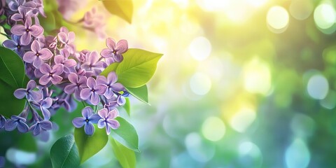 Aufkleber - Blooming violet lilac flowers on a blurred background of green leaves with copy space.