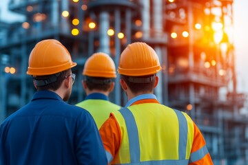 A female industrial worker wearing a yellow hard hat, safety goggles, and a face mask, standing confidently in a factory.