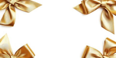 Poster - Glossy gold gift bows isolated on a white background. Blank space for text. Celebration template. Gold ribbon. Greeting card mockup.