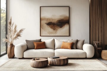 A stylish living room showcasing a modern sofa, abstract wall art, and cozy furnishings. The blend of neutral tones and natural elements creates a warm, Generative AI