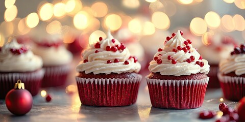 Aufkleber - Christmas treats. Cupcakes with a bokeh background. Cake. Festive sweets.