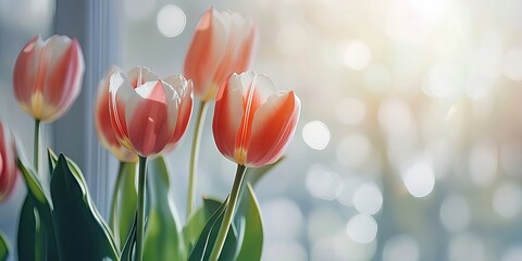 Sticker - Congratulations and tulips against a light background. Selective focus. Nature.