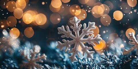 Leinwandbilder - Christmas toy snowflakes set against a bokeh festive background, representing the concept of Christmas or New Year celebrations with copyspace.