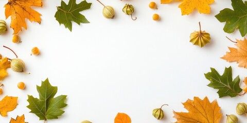 Aufkleber - Round frame of green oak leaves, yellow dry maple leaves, and physalis bolls set against a white background. Minimalistic autumn theme. Flat lay. Top view. Copy space.