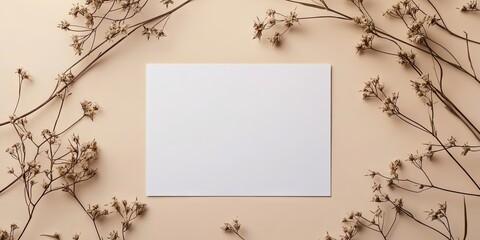 Aufkleber - Blank paper sheet card mockup with copy space and dried star flower buds on a beige backdrop.