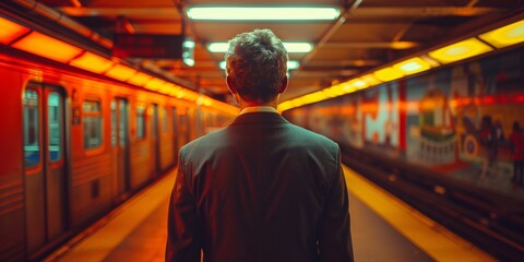 A professional businessman waiting for the subway, embodying the hustle and bustle of city life. This image reflects the modern urban lifestyle and the daily commute of professionals.