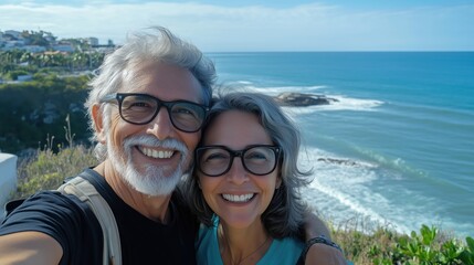 Happy couple selfie by ocean, smiling, scenic view, sunny day