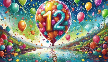 Balloon number 12, illustration for birthday or anniversary celebration, digital painting