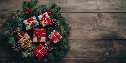 Aufkleber - Rustic Christmas wreath with presents on a wooden surface. Copyspace for your text.