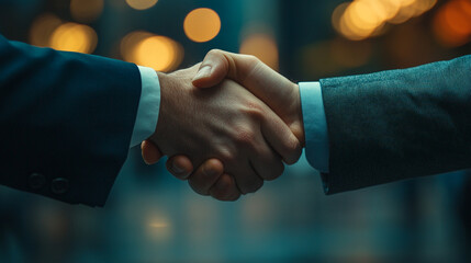 Close-up of handshake between two business people in suits, blurred office background with copy space.