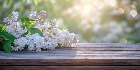 Aufkleber - White lilac blossoms on a wooden table. Copy space. Spring backdrop.