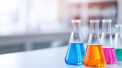 Colorful laboratory flasks filled with various liquids showcase chemical reactions in modern lab setting. vibrant colors create engaging atmosphere for scientific exploration