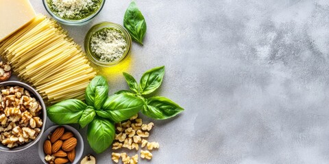 Poster - Pesto pasta featuring spaghetti, fresh basil, nuts, Parmesan cheese, and olive oil. An Italian cuisine recipe set against a light stone background. Selective focus and copyspace.