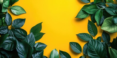 Poster - Tropical green leaves on a bright yellow background with copy space. Nature theme.