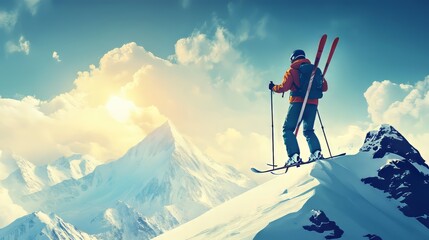 Wall Mural - Skier holding rented skis at the summit of a snow-covered peak surrounded by a breathtaking winter landscape, featuring dramatic icy blues and whites that evoke a sense of adrenaline and adventure in 