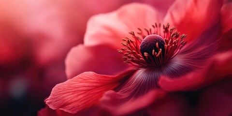 Poster - Closeup or macro image of a stunning red opium flower with copyspace.