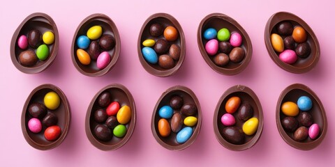 Aufkleber - Tasty chocolate eggs filled with candies on a pink background.