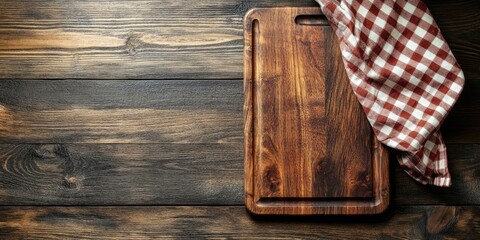 Aufkleber - Empty wooden cutting board with a kitchen cloth on a wooden surface.