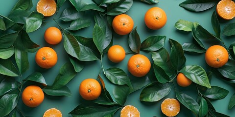 Canvas Print - A vibrant arrangement featuring orange mandarins and green leaves. Flat lay, top view.