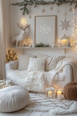 Wall Mural - Amazing composition on white design shelf with christmas decoration, lights, gifts, lanterns, deer, candles, stars, round wreath white corduroy sofa and pouf. Santa claus is, Generative AI