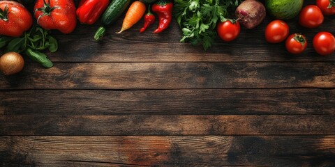 Poster - Healthy food. Fruits and vegetables. Organic vegetables on wood. Top view. Copyspace.
